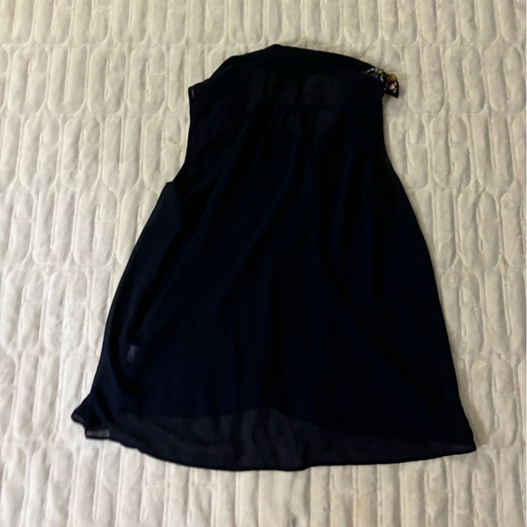 Eight Sixty Sleeveless Sheer Navy Blouse with multi-color stones on collar - Picture 2 of 5